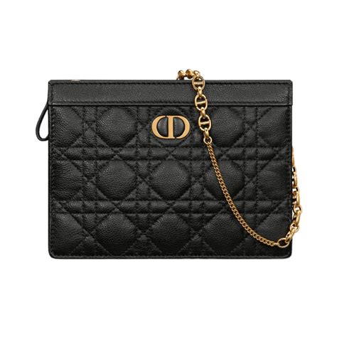 Dior Caro Zipped Pouch with Chain Black Supple Cannage Calfskin.